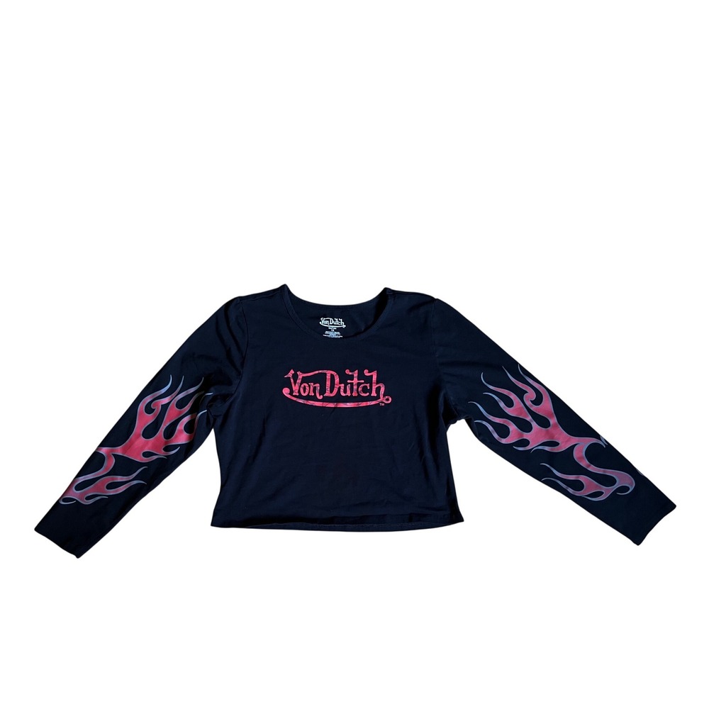 Von Dutch Black Long Sleeve Crop Top Pink Flame Graphic Y2K 1X McBling Grunge